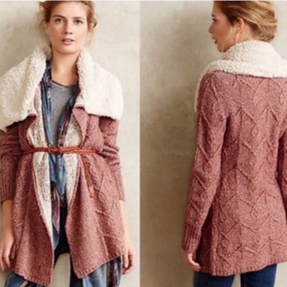 Anthropologie Sleeping On Snow Bondurant Sherpa Cowl Neck Cable Knit Cardigan